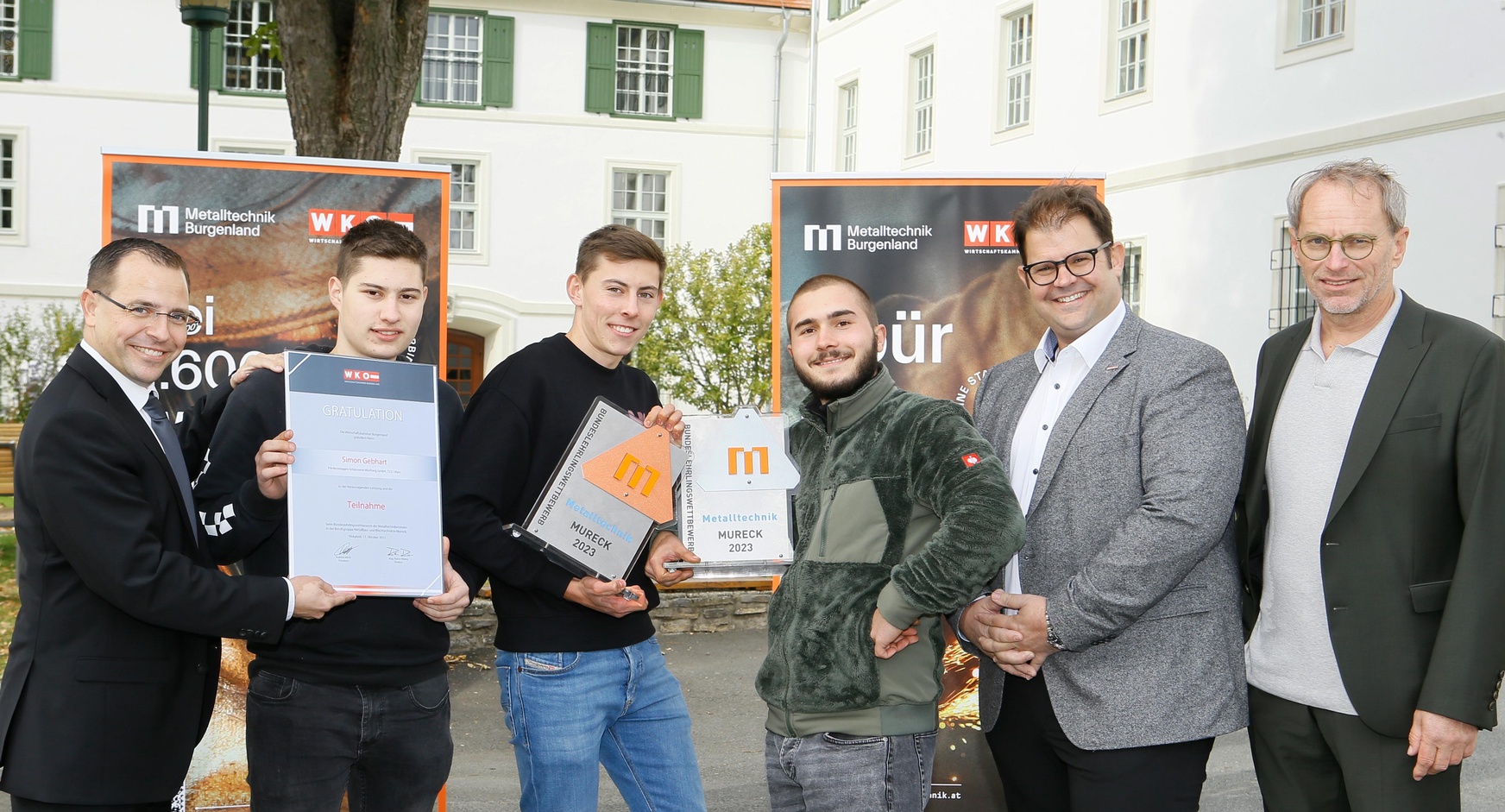 Präsident Andreas Wirth, Simon Gebhart (Teilnehmer Staatsmeisterschaft), Niklas Schöll (3. Platz Staatsmeisterschaft) von der Firma Werfring in Marz, Philipp Kabelik (Vize-Staatsmeister) von der Firma Metallbau Dorner in Deutschkreutz, Innungsmeister Mario Horvath und Berufsschuldirektor Wilhelm Pfeiffer (v. l.).