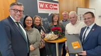 Wirtschaftskammerdirektor Harald Schermann, Jutta Mohl (Geschäftsstellenleiterin AMS Oberpullendorf), Ursula Pfeiffer (Büroleiterin Reisewelt GmbH Oberpullendorf), Tanja Mersits (Transporte Mersits e.U. Unterpullendorf), Regionalstellenleiter Freddy Fellinger, Regionalstellenobmann KommR Stefan Kneisz und Wirtschaftskammerpräsident Andreas Wirth (v. l.).