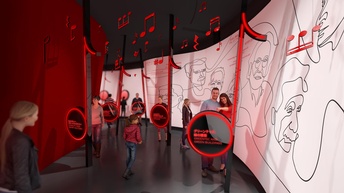 Rendering eines Raums des Expo-Pavillons mit Musiknoten und Zuschauern