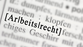 Schriftzug Arbeitsrecht Detailansicht aus Wörterbuch in Klammern gesetzt