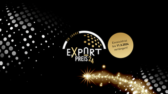 Logo: 30 Jahre Exportpreis - schwarzes Sujet mit Sternschnuppe und Log in Gold und Silber