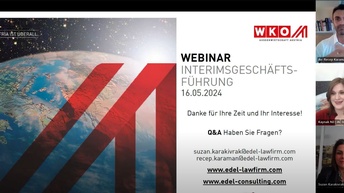 In der rechten Hälfte sind drei Bilder von drei Personen untereinander. Unter jeder Person steht ein Name. Links daneben steht Webinar Interimgeschäftsführung