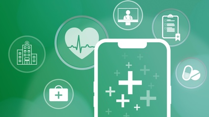 Vektor-Illustration verschiedener, weißer Symbole zum Thema Gesundheit in Kreisen auf grünem Hintergrund, zum Beispiel ein Herz mit Frequenzlinie, ein Bildschirm, mehrere Kreuze, Medikamente, ein Koffer mit einem Kreuz