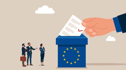 Illustration zur Europawahl: Drei Personen stehen vor große blaue Urne mit im Kreis verlaufenden blauen Sternen in die Hand einen Zettel mit rotem Haken wirft