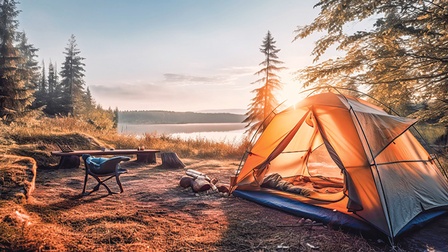Romantisches Bild, Natur und ein Zelt in der Abendsonne