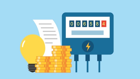 Graphische Darstellung eines Stromzählers mit Geld-Münzen und Glühbirne daneben