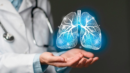 Ein Stock-Bild, eine Person im Arztkittel hält beide Hände auf, darüber schwebt eine leuchtende Simulation einer Lunge