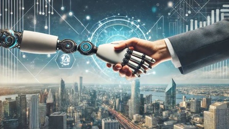 Handshake einer Roboterhand mit einer menschlichen Hand