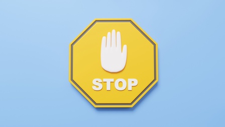Vektor-Illustration eines hellblauen Hintergrunds, in dessen Mitte ein achteckiges gelbes Schild ist, in dessen Mitte eine Hand ist. Unter der Hand steht Stop