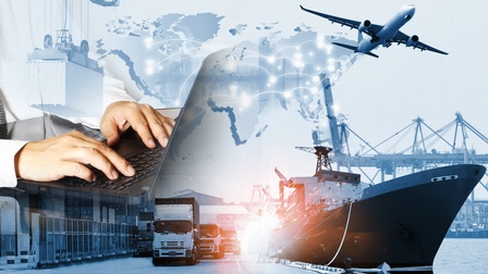 Logistikübersicht: Schiff, Hafen, LKW; Container, Flugzeug