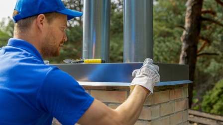 Person mit blauer Arbeitskleidung und blauer Kappe sowie Schutzhandschuhen hält ein Blech bei einem Kamin