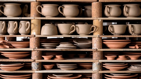 In mehreren Regalfächern stehen in jedem verschiedene Utensilien aus Ton oder Keramik, zum Beispiel Teller, Tassen, Schüsseln, Krüge