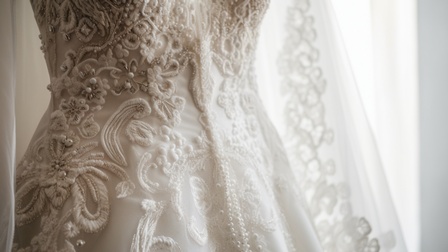 Ausschnitt eines bestickten und mit Perlen verzierten Hochzeitskleides, dass von einem weißen Schleier umgeben ist