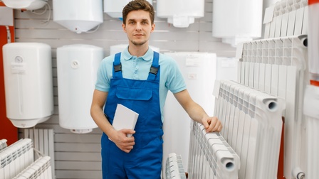 Person mit kurzen Haaren, Bart, blauem Polo-Shirt und blauer Latzhose steht in einem Ausstellungsraum mit Wasserboilern und Heizkörpern, lehnt  sich an und hält einen Notizblock in Händen