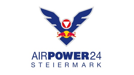 Logo Airpower24 Steiermark: Zwei rote Stiere laufen aufeinander zu vor gelbem Kreis im Hintergrund erheben sich zwei blaue flügelartige Symbole mit weißem Dreieck in rotem Kreis mittig