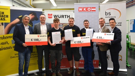 Peter Kernegger von der Firma Würth, Thomas Kornfeind (Fachgruppengeschäftsführer der Dachdecker, Glaser und Spengler), Kevin Fuchs (Zweitplatzierter), Fabian Stelzcyk (Sieger), Niklas Tullits (Dritter), Mst. Jürgen Grassel (Landesinnungsmeister) und Thomas Plank (Schulleiter BS Mattersburg) (v. l.). 