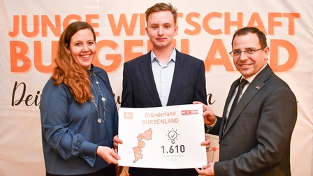 Bea Ulreich, Landesvorsitzende der Jungen Wirtschaft Burgenland, Jungunternehmer Nicolas Pfeffer und Wirtschaftskammerpräsident Andreas Wirth (v. l.).