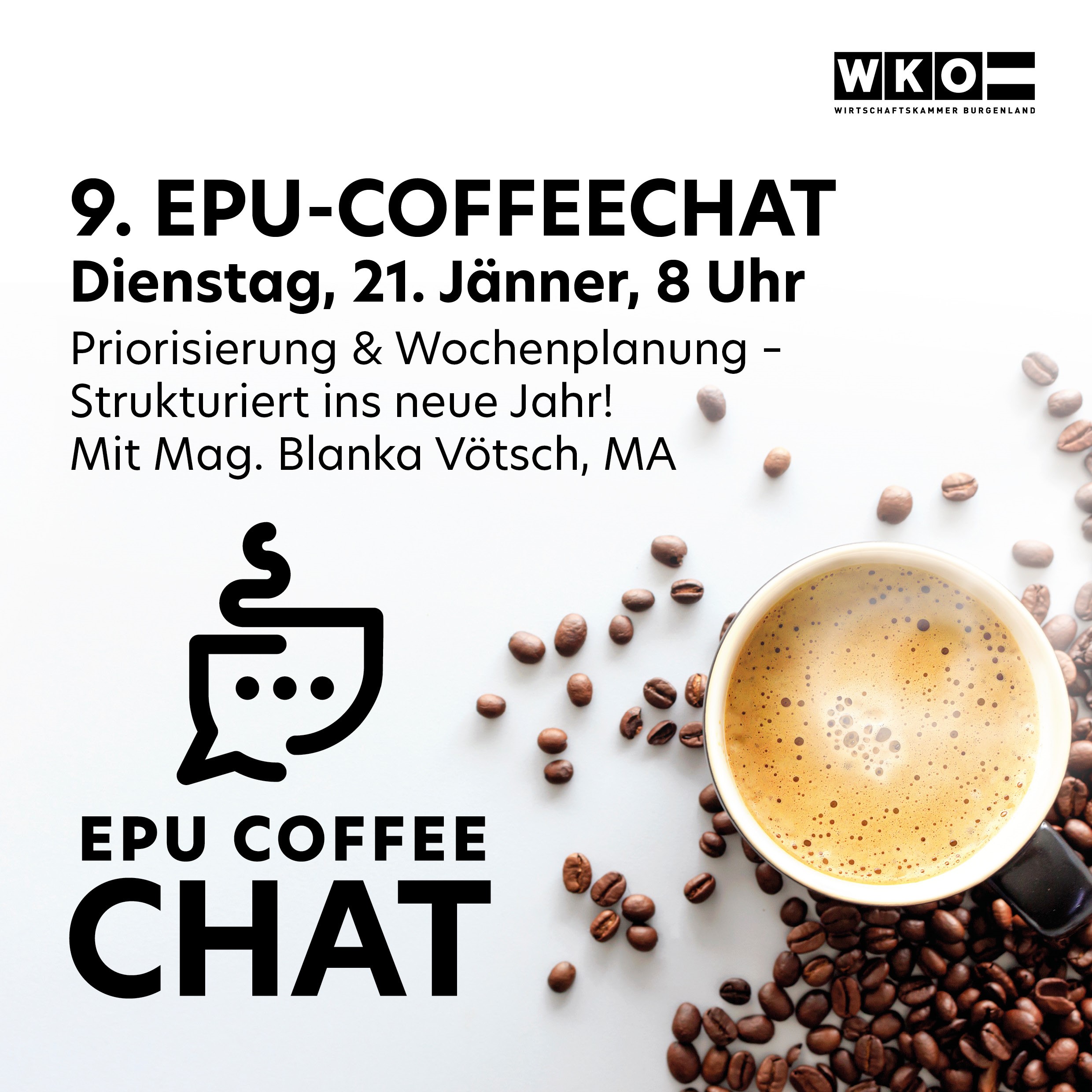 Sujetbild mit Schriftzug EPU Coffechat: Kaffetasse und Kaffebohnen