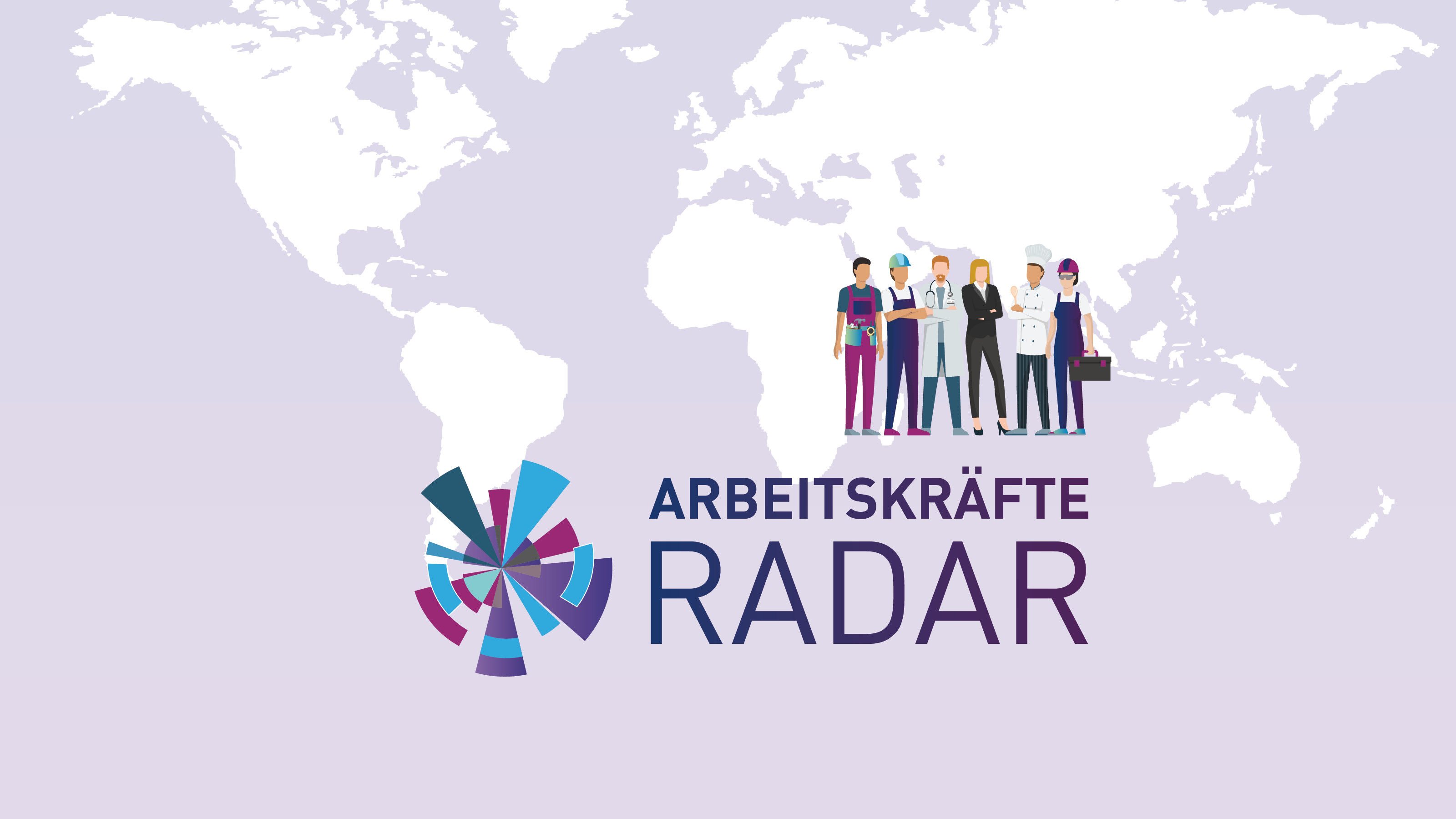 Keyvisual Arbeitskräfteradar, Collage verschiedener Menschen im Job auf lila Hintergrund