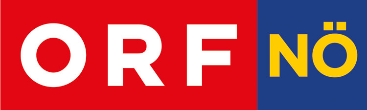 ORF NÖ Logo. ORF auf rotem und gelbem NÖ auf blauem Hintergrund.