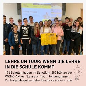 Lehre on tour: Wenn die Lehre in die Schule kommt. 196 Schulen haben im Schuljahr 23/24 an der WKNÖ Aktion "Lehre on Tour" teilgenommen. Vortragende gaben dabei Einblicke in die Praxis.