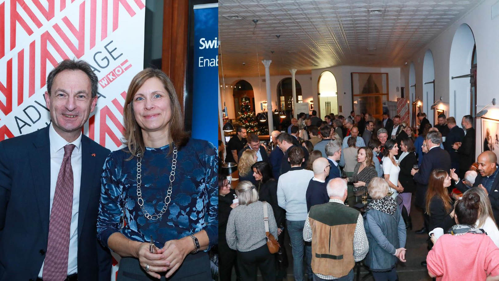 Ein Mann und eine Frau - daneben ein Bild von einem vollen Eventsaal