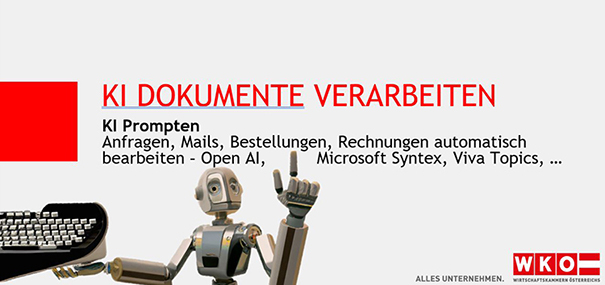 Präsentationsblatt KI Dokumente Verarbeiten, unter Schriftzügen Bild eines Roboters