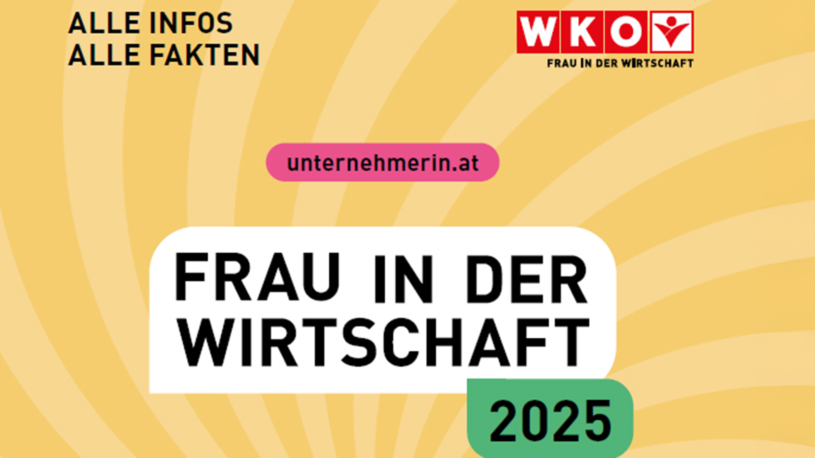 Auf gelbem Untergrund ist rechts das Logo von Frau in der Wirtschaft platziert, daneben steht alle Infos, alle Fakten, darunter unternehmerin.at und Frau in der Wirtschaft