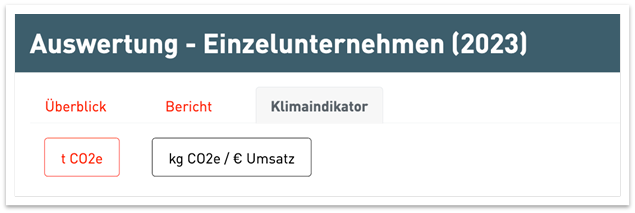 Screenshot des Klimaportals zum Bereich Auswertung - Einzelunternehmen (2023) mit den Navigationspunkten Überblick, Bericht und Klimaindikator, darunter Buttons mit t CO2e und kg CO2e/Euro Umsatz