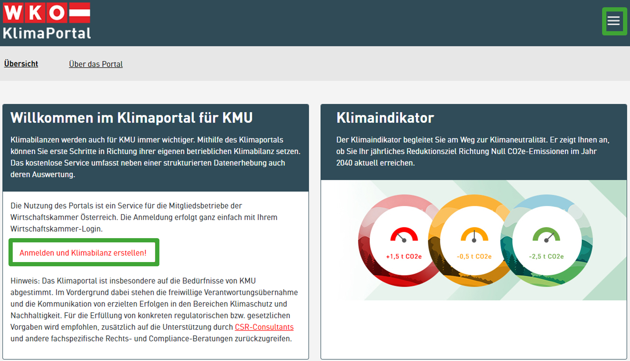 Screenshot des Klimaportal mit den Navipunkten Übersicht und Über das Portal, Inhaltsbereiche mit Texten zu Willkommen im Klimaportal für KMU und Klimaindikator samt Kreisgrafiken