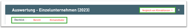 Screenshot Klimaportal zum Bereich Auswertung Einzelunternehmen (2023) mit den Navigationspunkten Überblick, Bericht und Klimaindikator, Dropdown-Menü mit Vergleich von Klimabilanzen