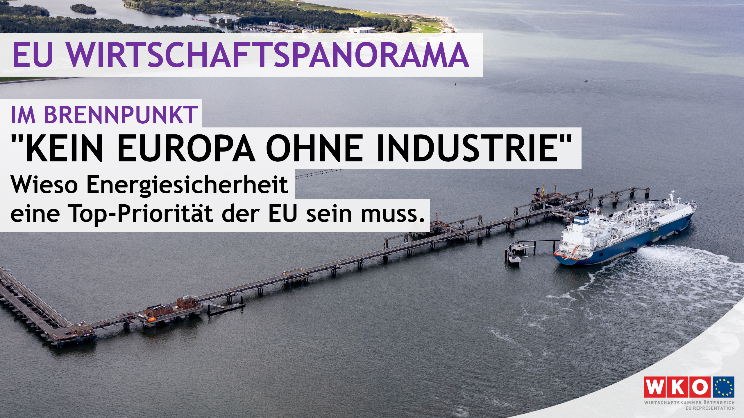 Top-Shot eines Gewässers, in dem ein Holzsteg ist neben dem ein Boot ist. Über dem Bild steht EU Wirtschaftspanorama Im Brennpunkt Kein Europa ohne Industrie Wieso Energiesicherheit eine Top-Priorität der EU sein muss