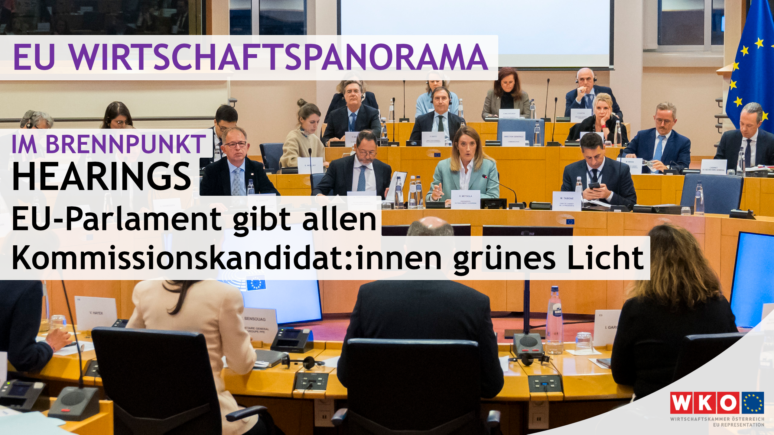 In einem Raum sitzen an Tischen, die in konzentrischen Kreisen angeordnet sind, Personen. Vor jeder Person ist ein Schild sowie ein Mikrofon. Über dem Bild steht EU Wirtschaftspanorama, Im Brennpunkt, Hearings, EU-Parlament gibt allen