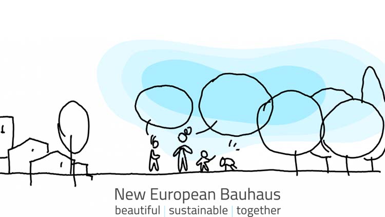 Kinderzeichnung mit Text: New European Bauhaus