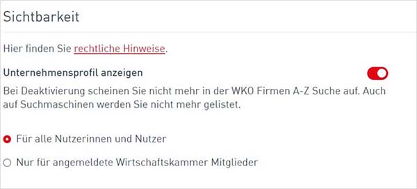 Screenshot der Eingabemaske zur Ein- oder Ausblendung am WKO Firmen A-Z