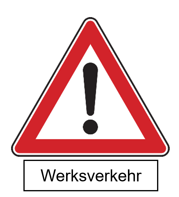 Illustration eines Verkehrsschildes in Dreieckform mit roter Umrandung mit schwarzem zentral gesetzten Rufzeichen auf weißem Hintergrund, darunter Schriftzug Werksverkehr