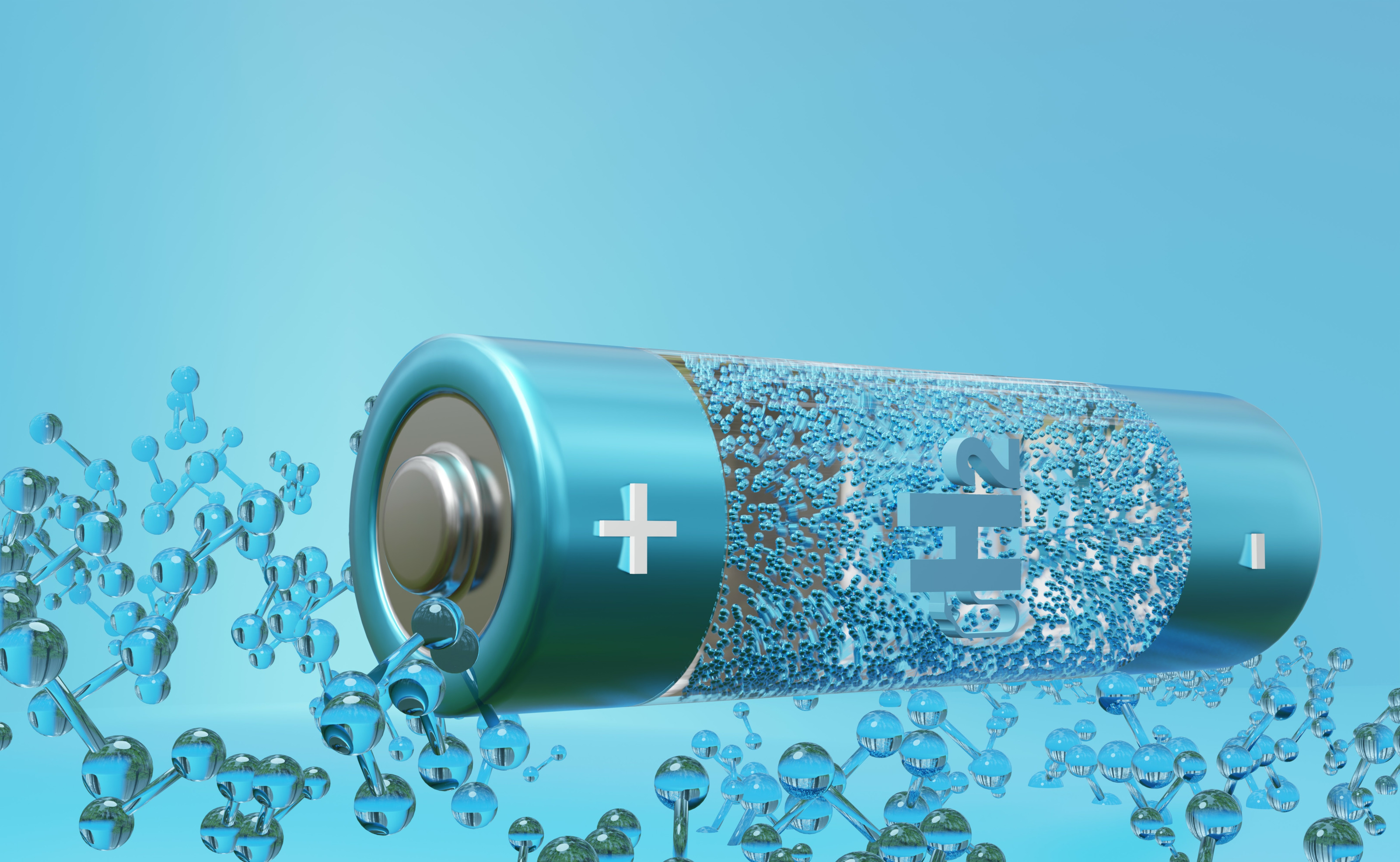 Konzept Wasserstoff-Energie mit einer blauen Batterie, Atomen und H2 Aufschrift