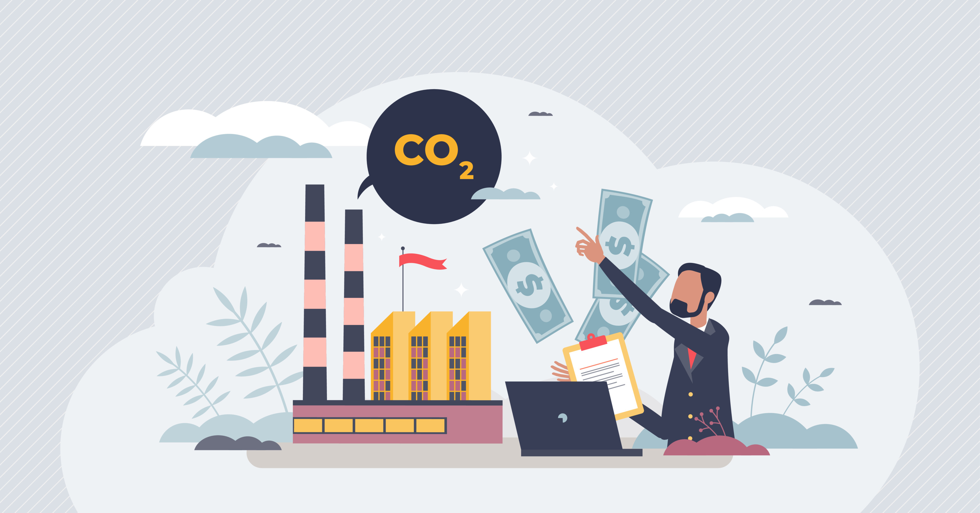 Illustration einer Person, die auf Sprechblase mit Schriftzug CO2 deutet, die über  Industriegebäude schwebt, vor der Person aufgeklapptes Notebook, Clipboard und ringsum Dollar-Geldscheine