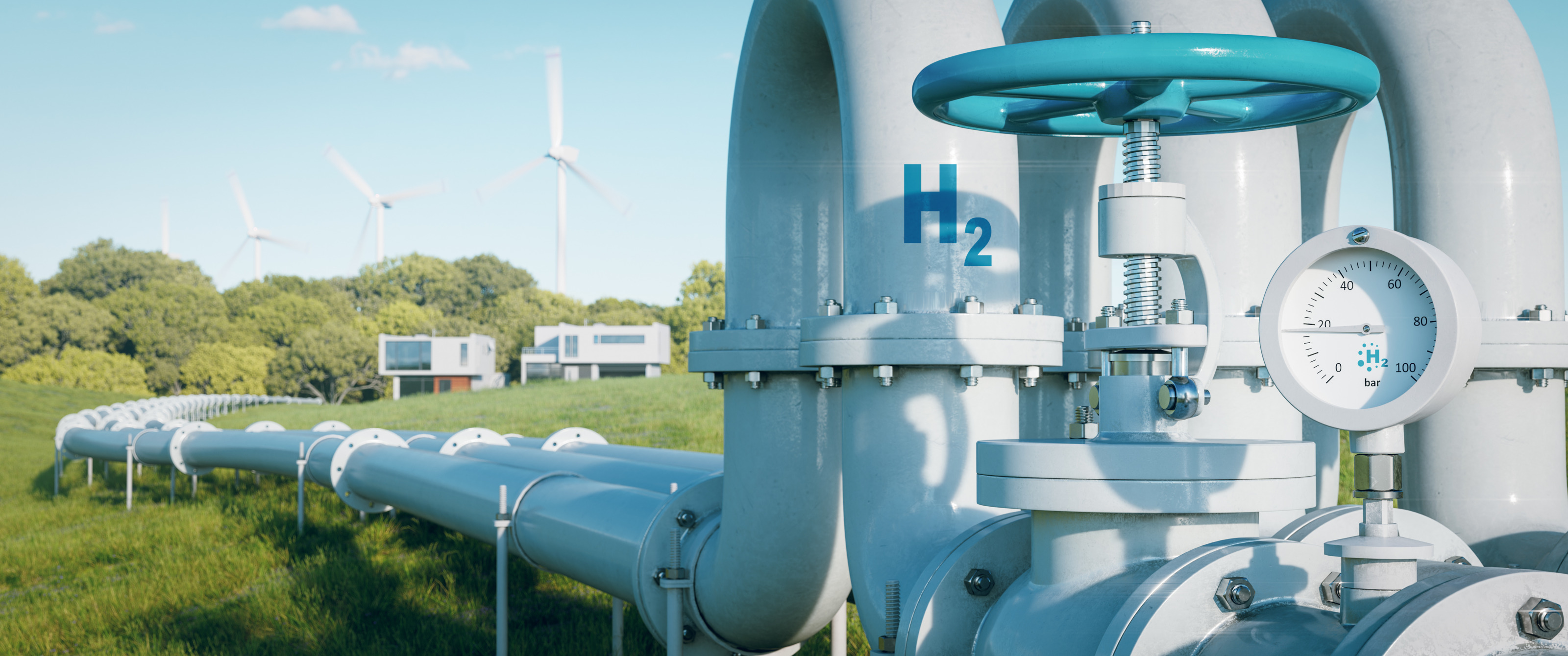 Das Bild zeigt eine Wasserstoff-Pipeline, die durch eine grüne Landschaft verläuft. Auf der Pipeline ist ein chemisches Symbol "H2" und ein Manometer zu sehen. Im Hintergrund sind Windkraftanlagen und moderne Gebäude.