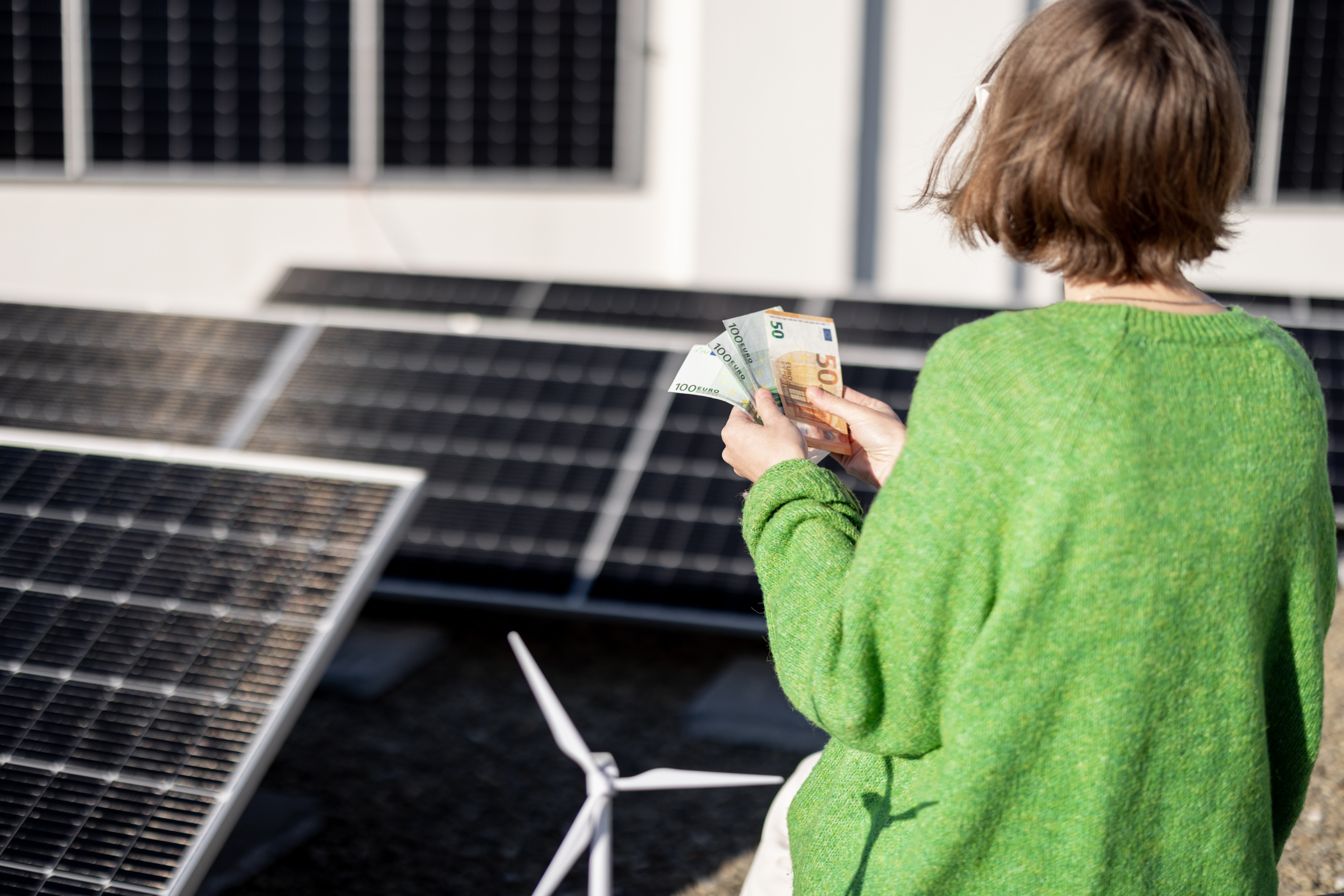 Person in grünem Pullover in Rückenansicht steht inmitten einer Solaranlage und hält Fächer mit Eurogeldscheinen in Händen, im Vordergrund Modell eines Windrades