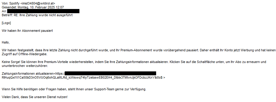 Beispiel eines Phishing Mails von @wktirol.at 