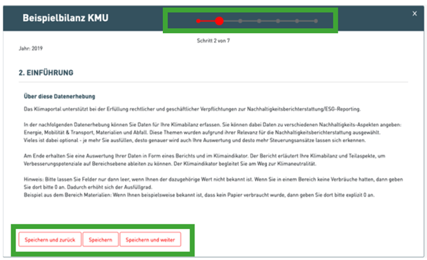 Screenshot des Klimaportal zu Beispielbilanz KNU mit der Jahresangabe 2019 und Fließtext zu 2. Einführung über diese Datenerhebung