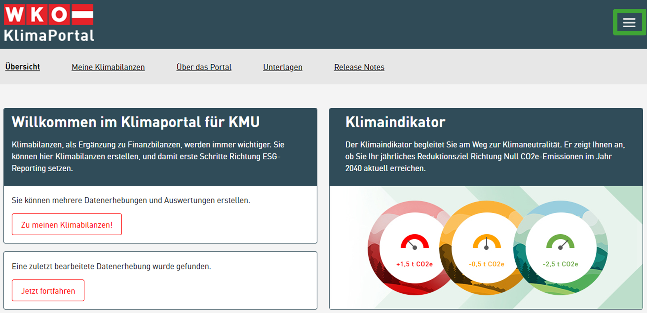 Screenshot des Klimaportals mit den Punkten Übersicht, meine Klimabilanzen, über das Portal, Unterlagen und Release Notes