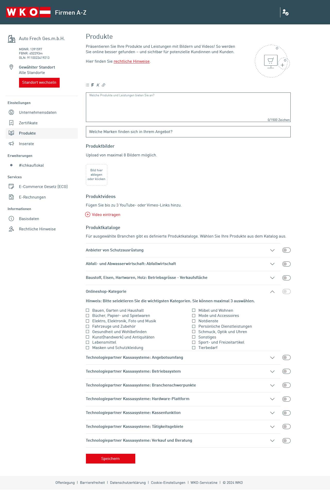 Ansicht der Benutzeroberfläche im WKO Firmen A-Z mit der Möglichkeit zur Eintragung von Produkten