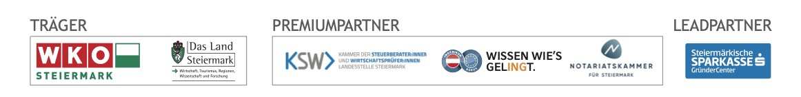 Logoleiste mit den Logos der WKO Steiermark und des Landes Steiermark als Träger, des KSW, der Ingenieurbüros Steiermark und der Notariatskammer als Premiumpartner, der Steiermärkischen Sparkasse als Leadpartner