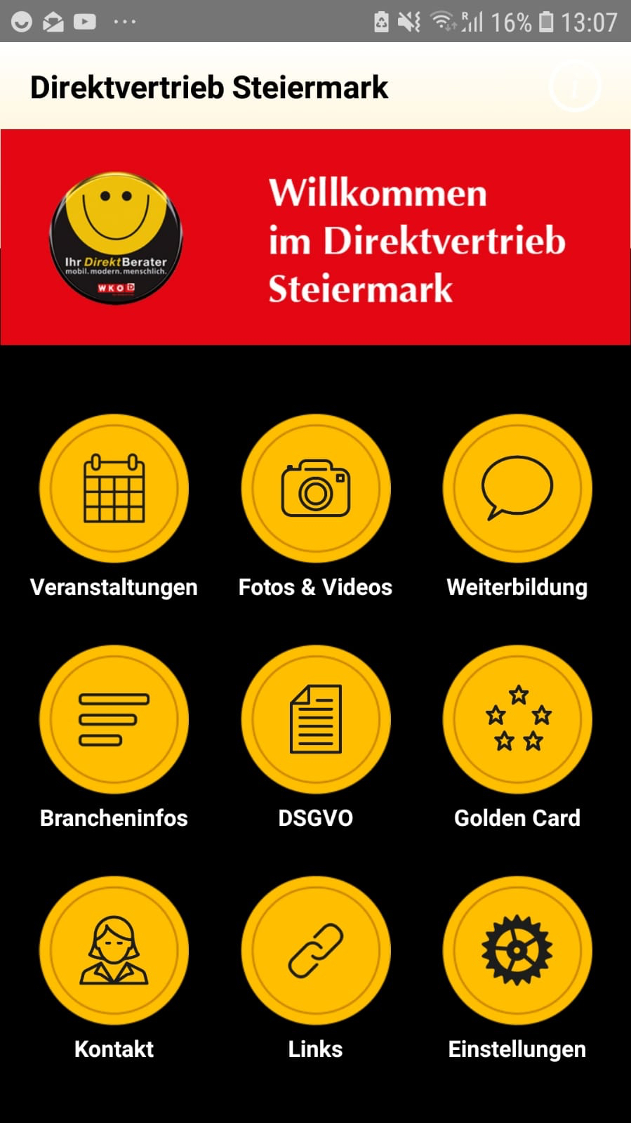 Startseiten-Screenshot der Apps für den Steirischen Direktvertrieb mit orangen Icons zu Veranstaltungen, Foto&Videos, Weiterbildung, Brancheninfos, DSGVO, Golden Card, Kontakt, Links und Einstellungen auf schwarzem Hintergrund. Darüber ist das Logo des Direktvertriebs und der Satz: "Willkommen im Direktvertrieb Steiermark"