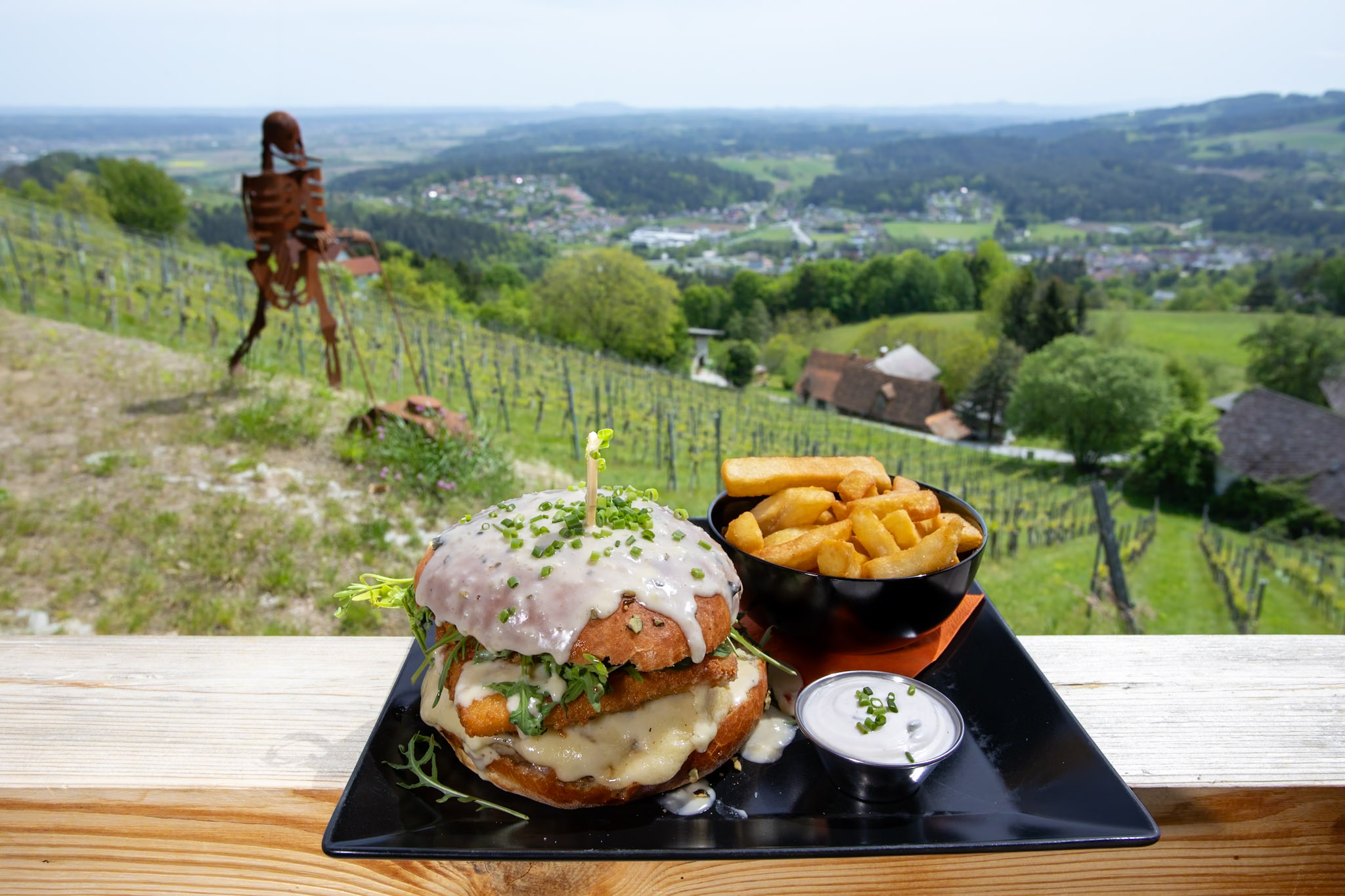 Burger mit Weinreben und Aussicht auf grünes Tal mit Häusern im Hintergrund