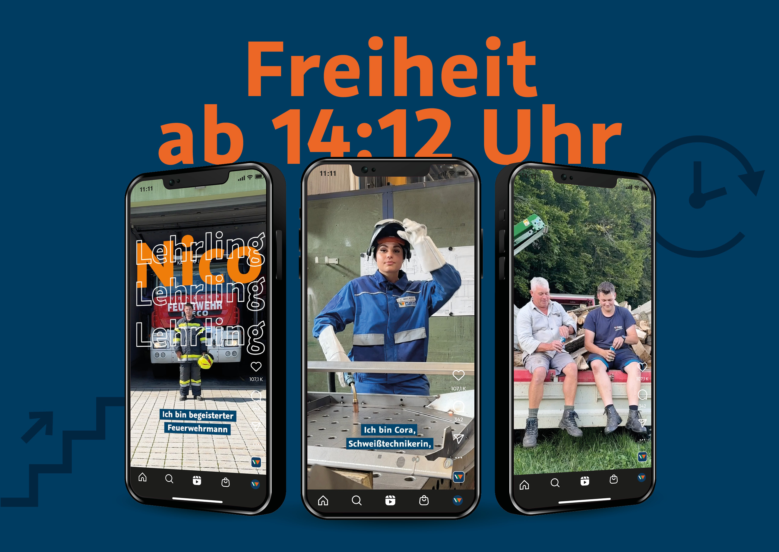 "Freiheit ab 14.12" als Text, dazu Sujets in Handy von Lehrlingen