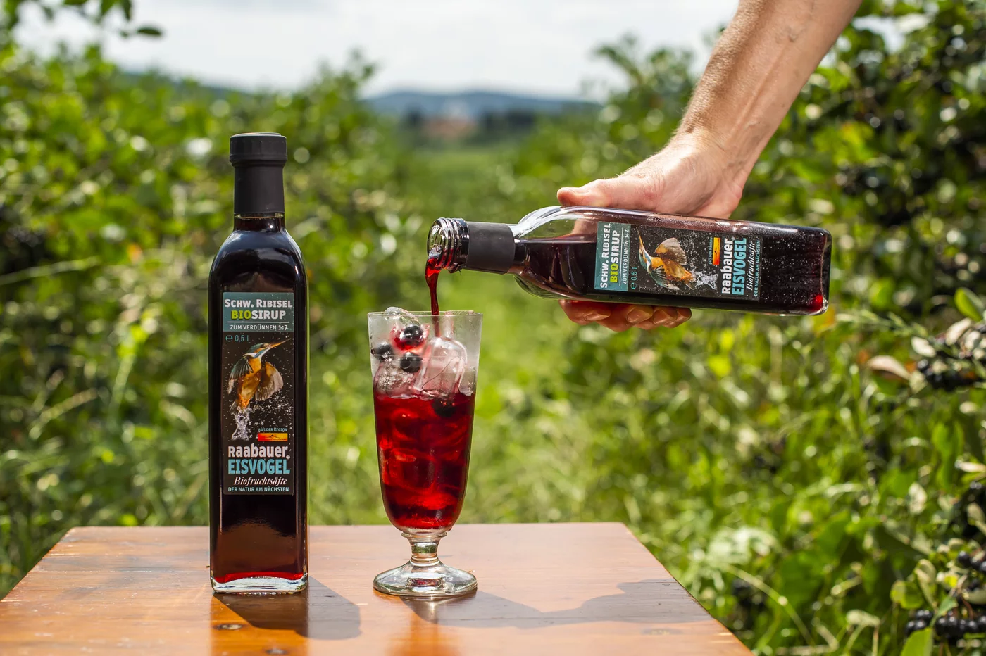 Flasche mit Raabauer-Eisvogel-Verdünnsaft steht neben einem Glas, das gerade mit Saft gefüllt wird. Dahinter ist grünes Gebüsch zu sehen.