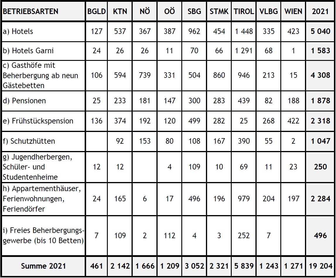 Statistik aktive und ruhende Gewerbeberechtigungen 2021 Hotels